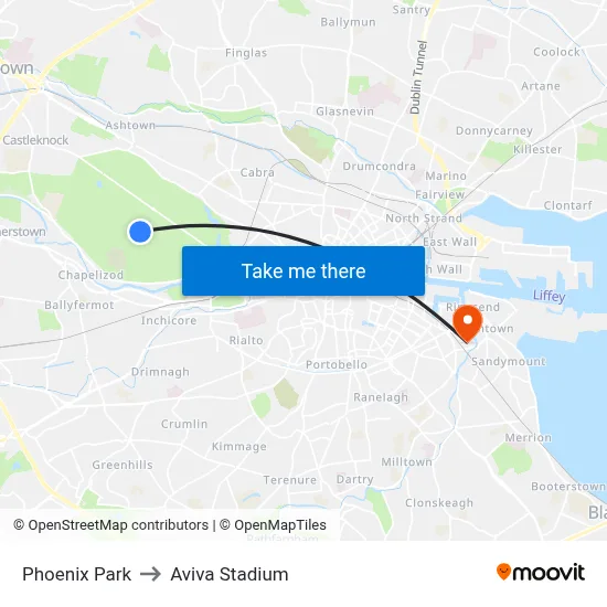 Phoenix Park to Aviva Stadium map