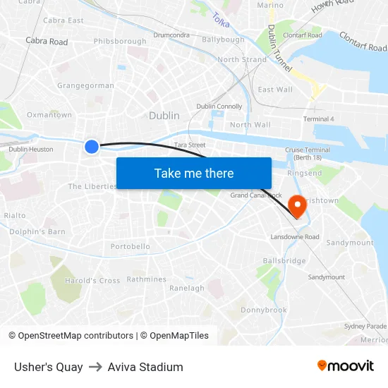 Usher's Quay to Aviva Stadium map