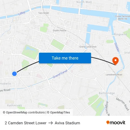 2 Camden Street Lower to Aviva Stadium map