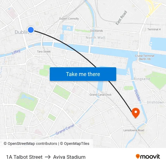 1A Talbot Street to Aviva Stadium map