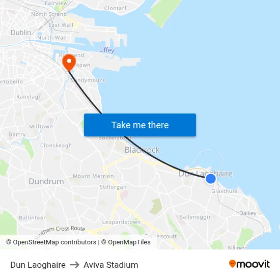Dun Laoghaire to Aviva Stadium map