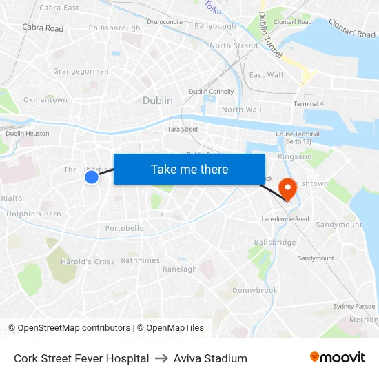 Cork Street Fever Hospital to Aviva Stadium map