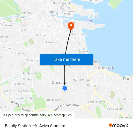 Balally Station to Aviva Stadium map