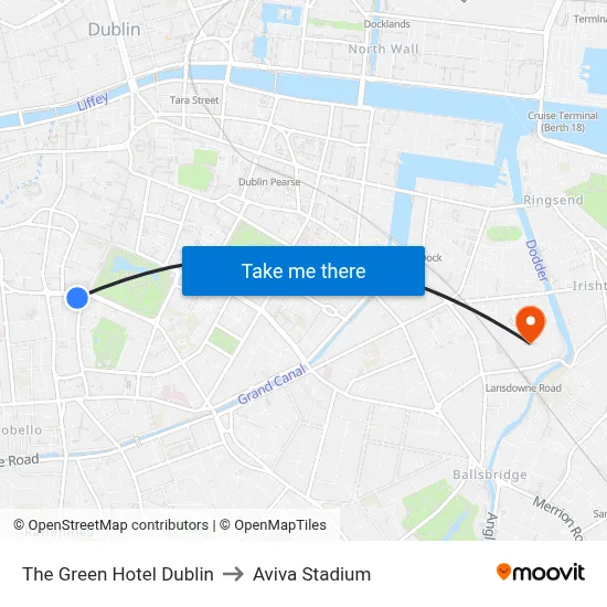 The Green Hotel Dublin to Aviva Stadium map