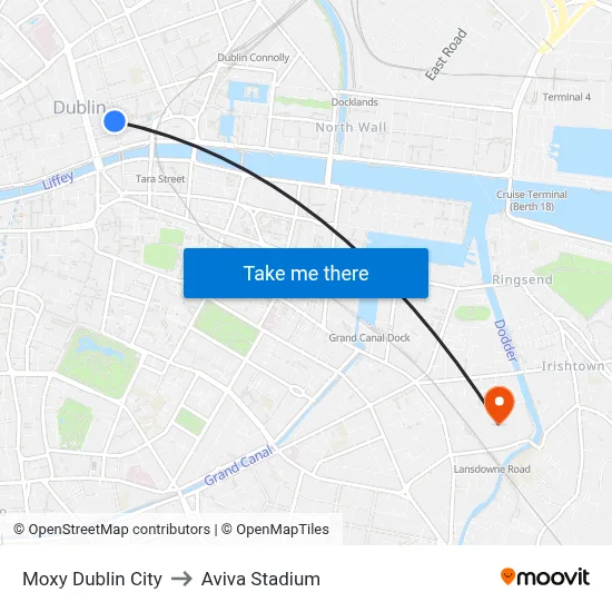 Moxy Dublin City to Aviva Stadium map