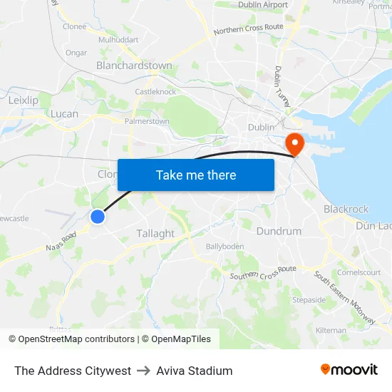 The Address Citywest to Aviva Stadium map