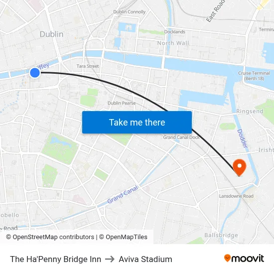The Ha'Penny Bridge Inn to Aviva Stadium map
