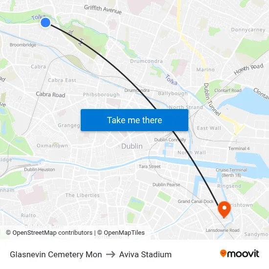 Glasnevin Cemetery Mon to Aviva Stadium map