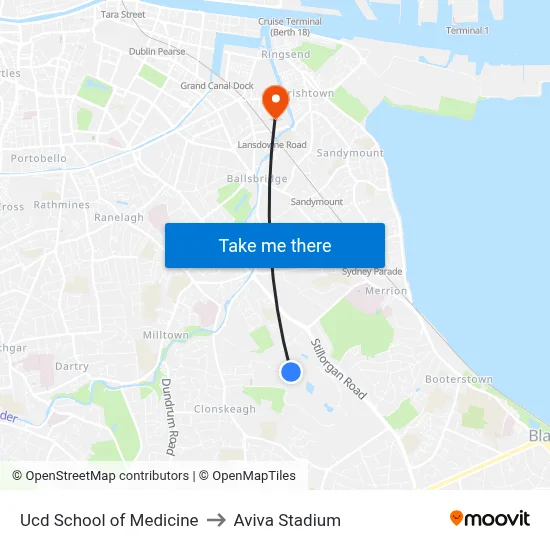 Ucd School of Medicine to Aviva Stadium map