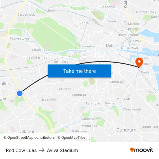 Red Cow Luas to Aviva Stadium map