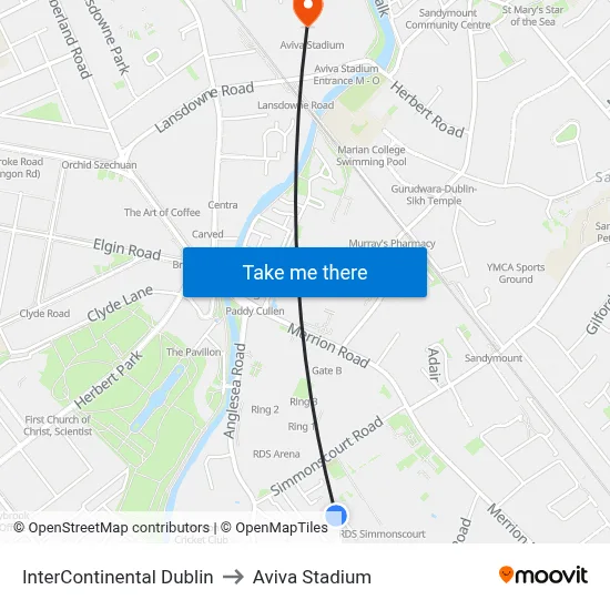 InterContinental Dublin to Aviva Stadium map