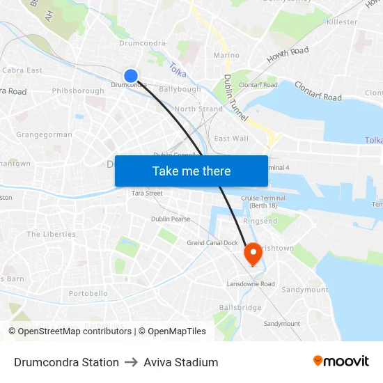 Drumcondra Station to Aviva Stadium map