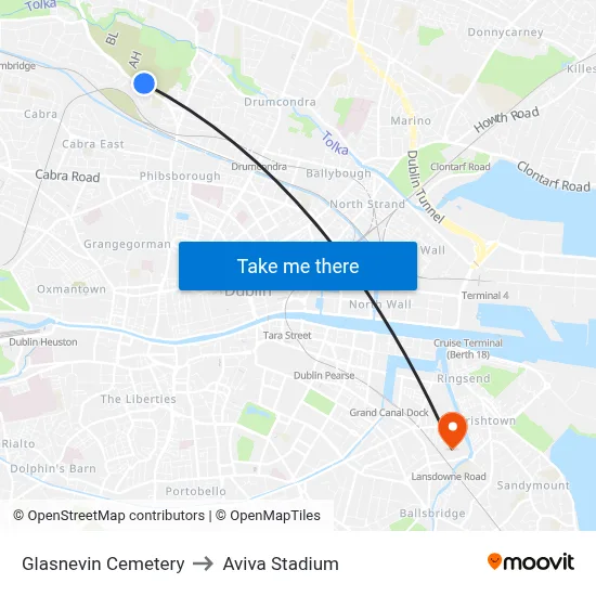 Glasnevin Cemetery to Aviva Stadium map