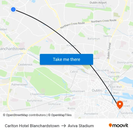Carlton Hotel Blanchardstown to Aviva Stadium map