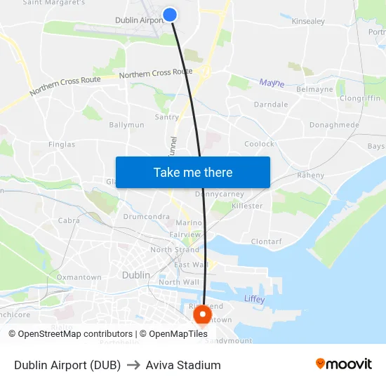 Dublin Airport (DUB) to Aviva Stadium map