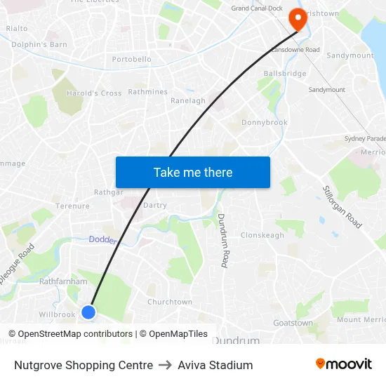 Nutgrove Shopping Centre to Aviva Stadium map