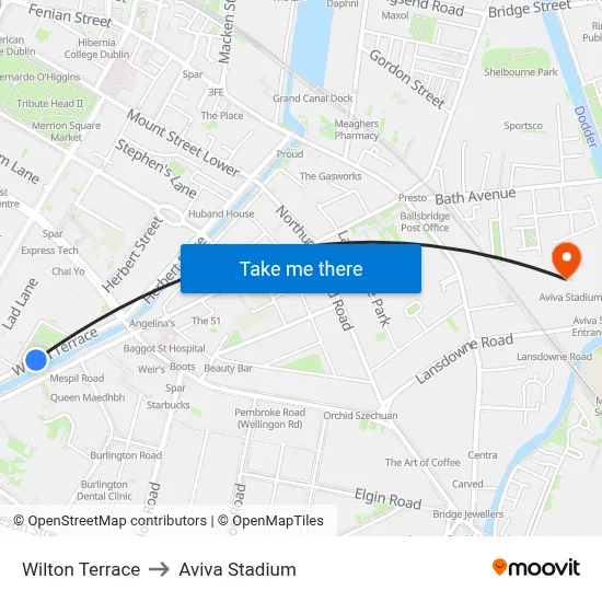 Wilton Terrace to Aviva Stadium map
