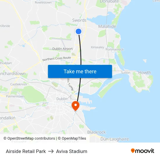 Airside Retail Park to Aviva Stadium map