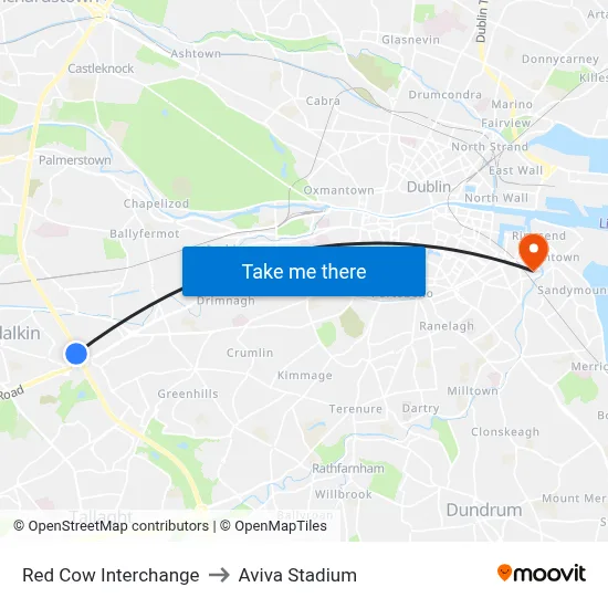Red Cow Interchange to Aviva Stadium map