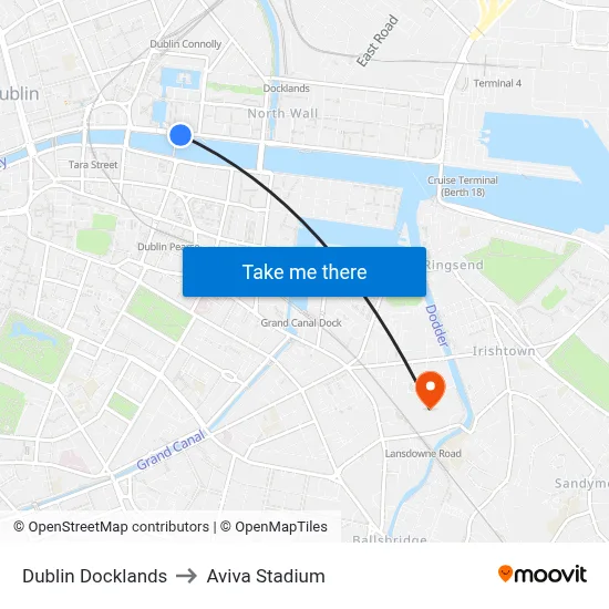 Dublin Docklands to Aviva Stadium map