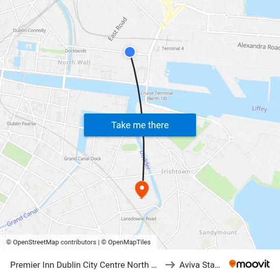 Premier Inn Dublin City Centre North Docklands to Aviva Stadium map