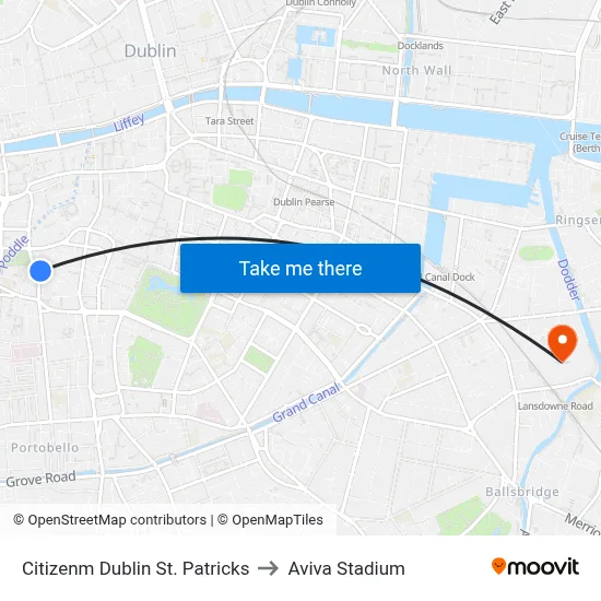 Citizenm Dublin St. Patricks to Aviva Stadium map
