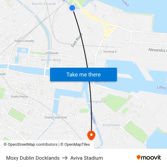 Moxy Dublin Docklands to Aviva Stadium map
