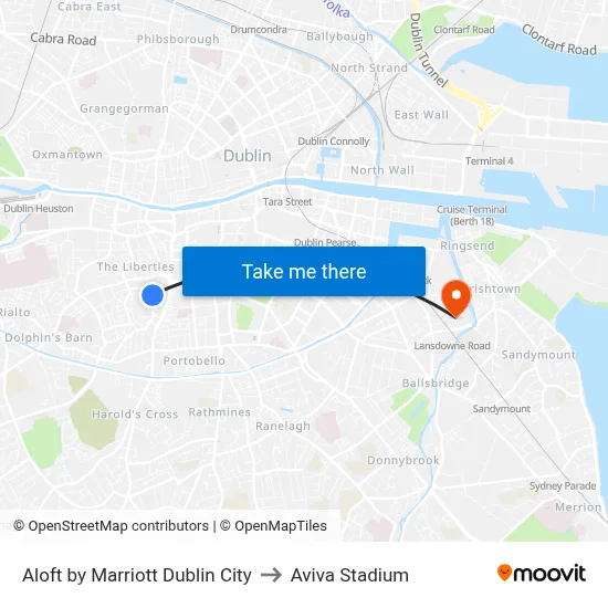 Aloft by Marriott Dublin City to Aviva Stadium map