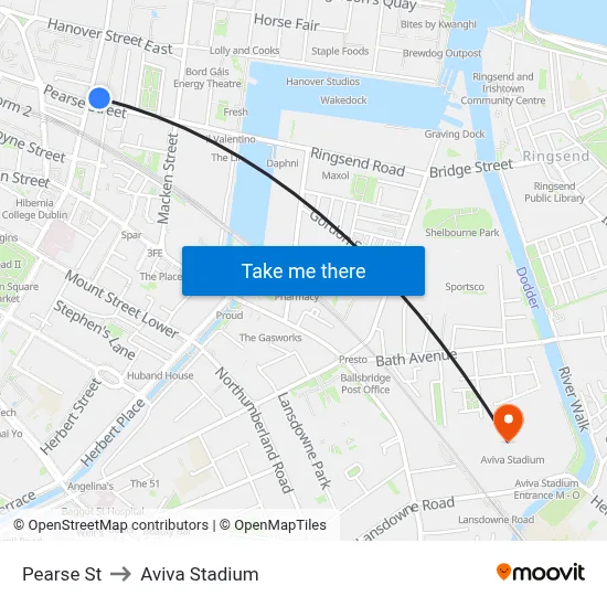 Pearse St to Aviva Stadium map