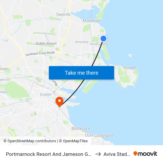 Portmarnock Resort And Jameson Golf Links to Aviva Stadium map