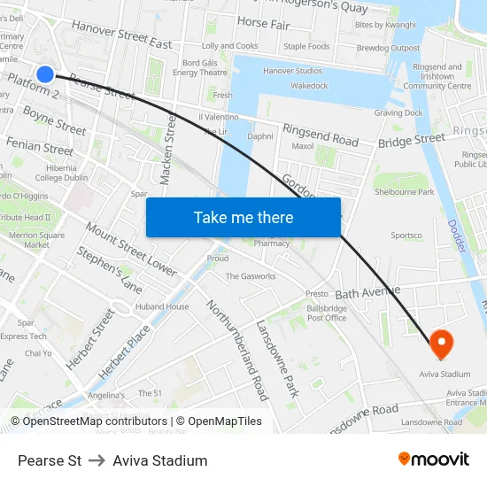 Pearse St to Aviva Stadium map