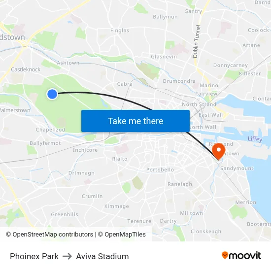 Phoinex Park to Aviva Stadium map