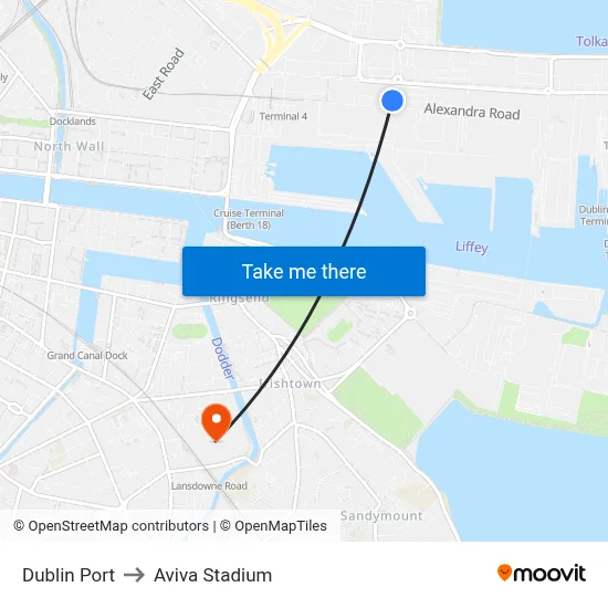 Dublin Port to Aviva Stadium map