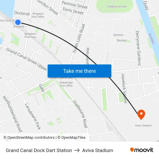 Grand Canal Dock Dart Station to Aviva Stadium map
