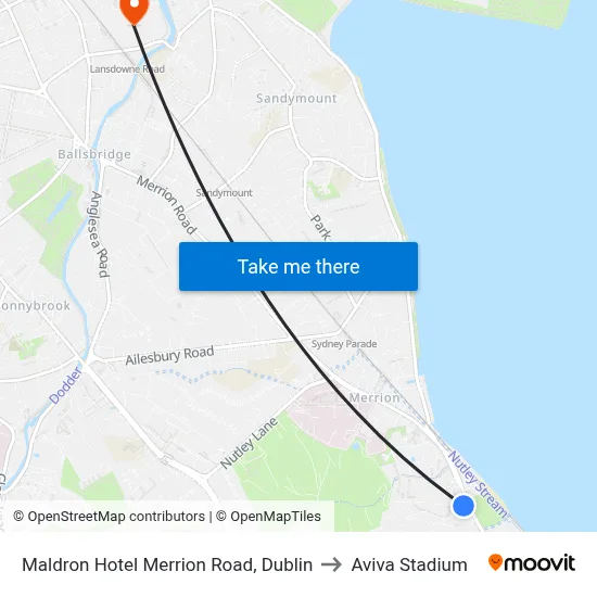 Maldron Hotel Merrion Road, Dublin to Aviva Stadium map