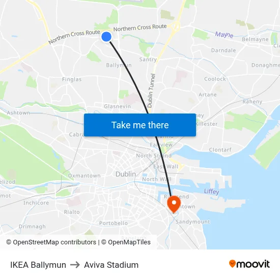 IKEA Ballymun to Aviva Stadium map