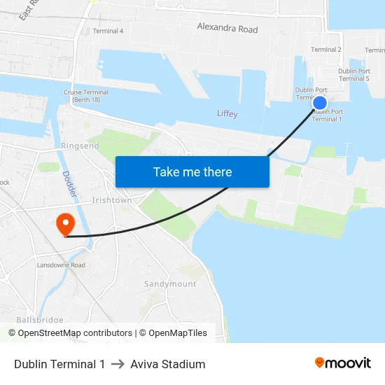 Dublin Terminal 1 to Aviva Stadium map