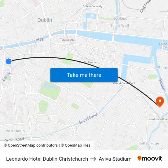 Leonardo Hotel Dublin Christchurch to Aviva Stadium map