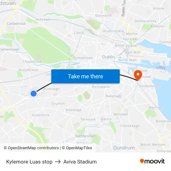 Kylemore Luas stop to Aviva Stadium map