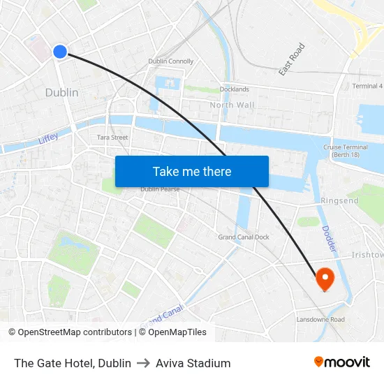 The Gate Hotel, Dublin to Aviva Stadium map