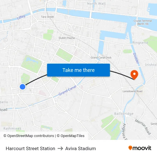 Harcourt Street Station to Aviva Stadium map