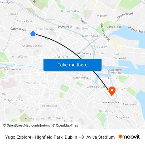Yugo Explore - Highfield Park, Dublin to Aviva Stadium map