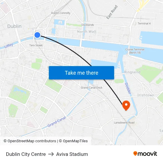 Dublin City Centre to Aviva Stadium map