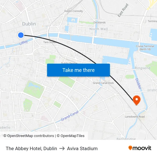 The Abbey Hotel, Dublin to Aviva Stadium map