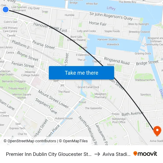 Premier Inn Dublin City Gloucester St South to Aviva Stadium map