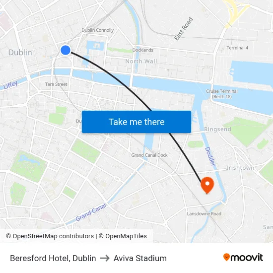 Beresford Hotel, Dublin to Aviva Stadium map
