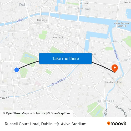 Russell Court Hotel, Dublin to Aviva Stadium map