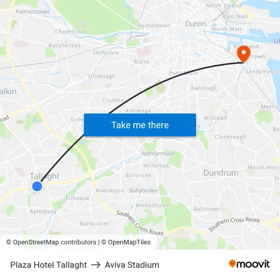 Plaza Hotel Tallaght to Aviva Stadium map
