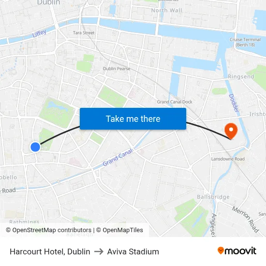 Harcourt Hotel, Dublin to Aviva Stadium map