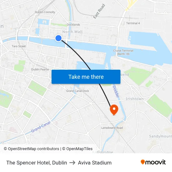 The Spencer Hotel, Dublin to Aviva Stadium map